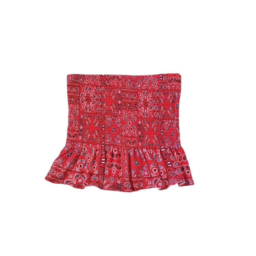 Rue‎ 21 Womens Babydoll Strapless Top Size L Red Paisley Stretch Boho Y2K